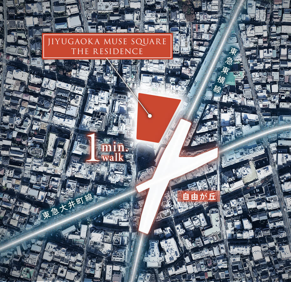 自由が丘駅と物件の位置を示した航空写真